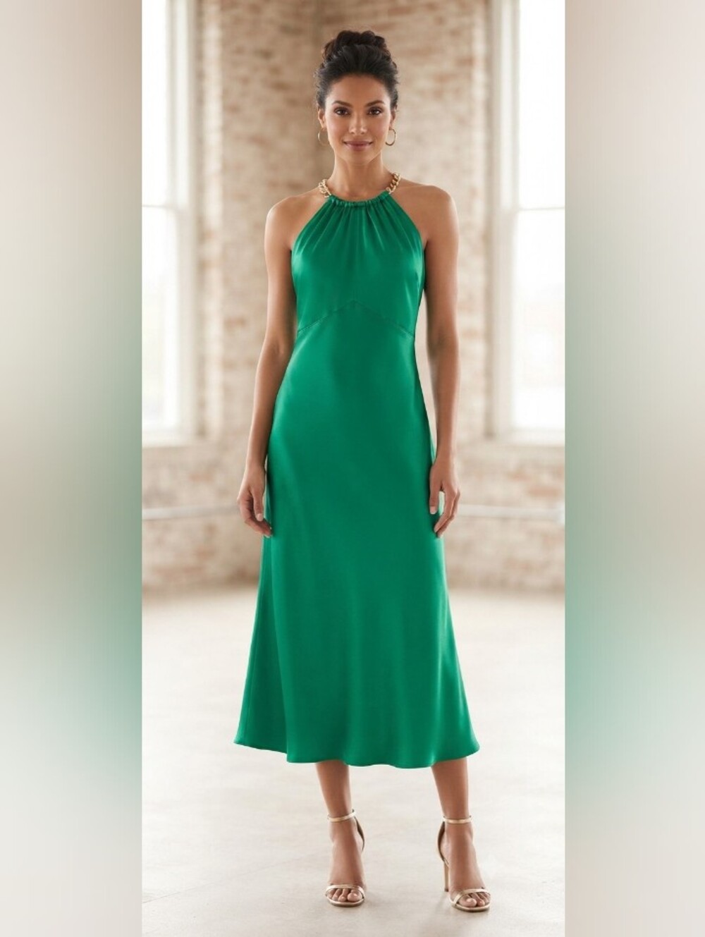 Adrianna Papell Satin With Gold Choker Maxi Dress Gown Size 6 Formal-SALE!?